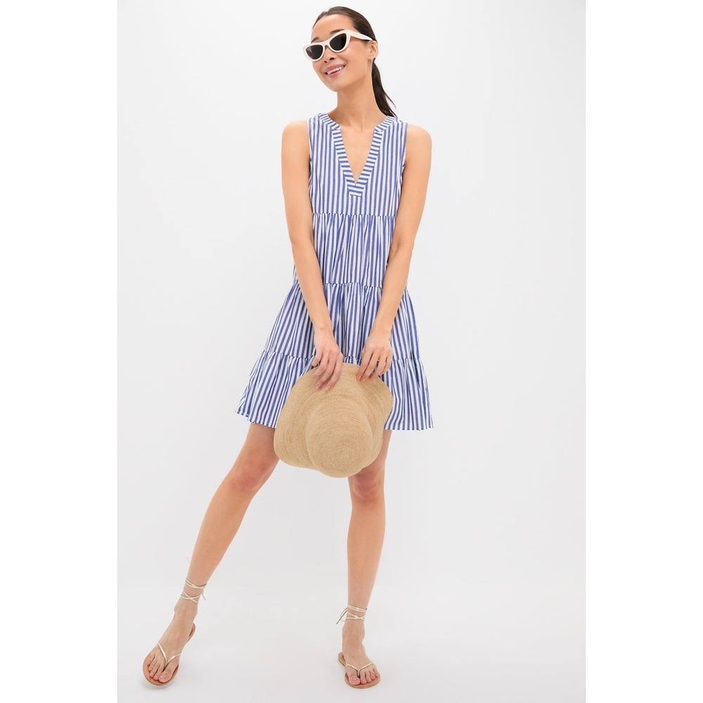 Pomander Place Blue White Striped Kenzo Mini Dress Tiered Poplin ($148) Large